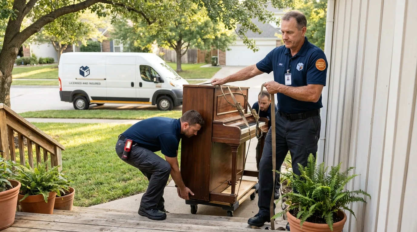 Licensed piano movers securing grand piano in Whitehall, WI