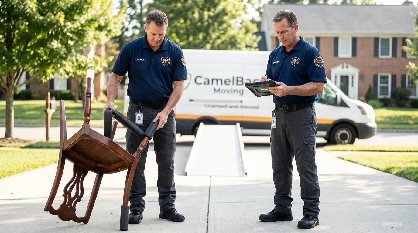 Movers inspecting furniture for damage prevention before loading in Whitehall, WI