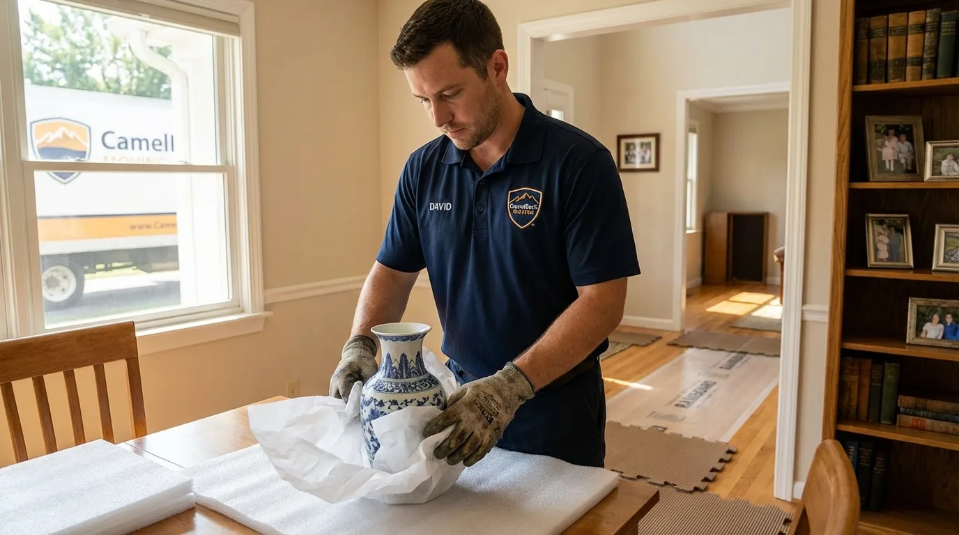 Professional crew carefully wrapping antique vase for senior downsizing move in Whitehall, WI